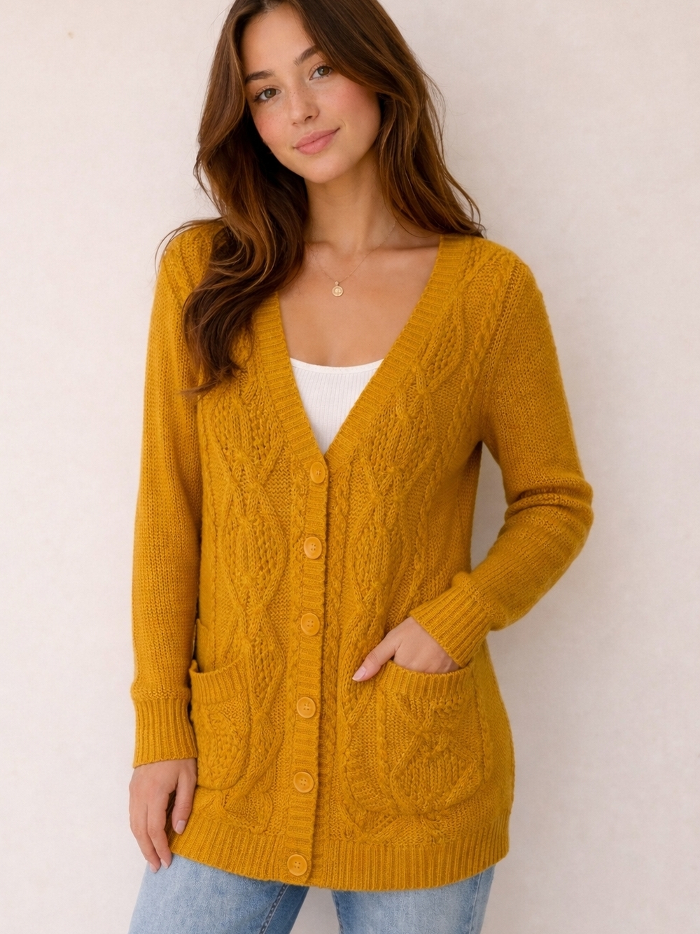 Forever 21 Mustard Yellow Cable Knit V-Neck Cardigan